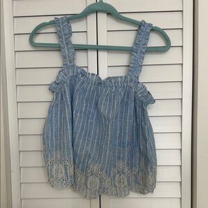 Zara Blue and White Ruffled Smocked Tank Top